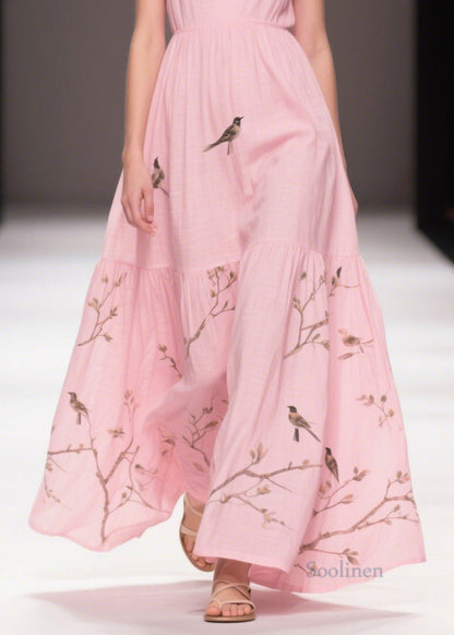 Elegant Pink Print Cotton Holiday Dress Butterfly Sleeve