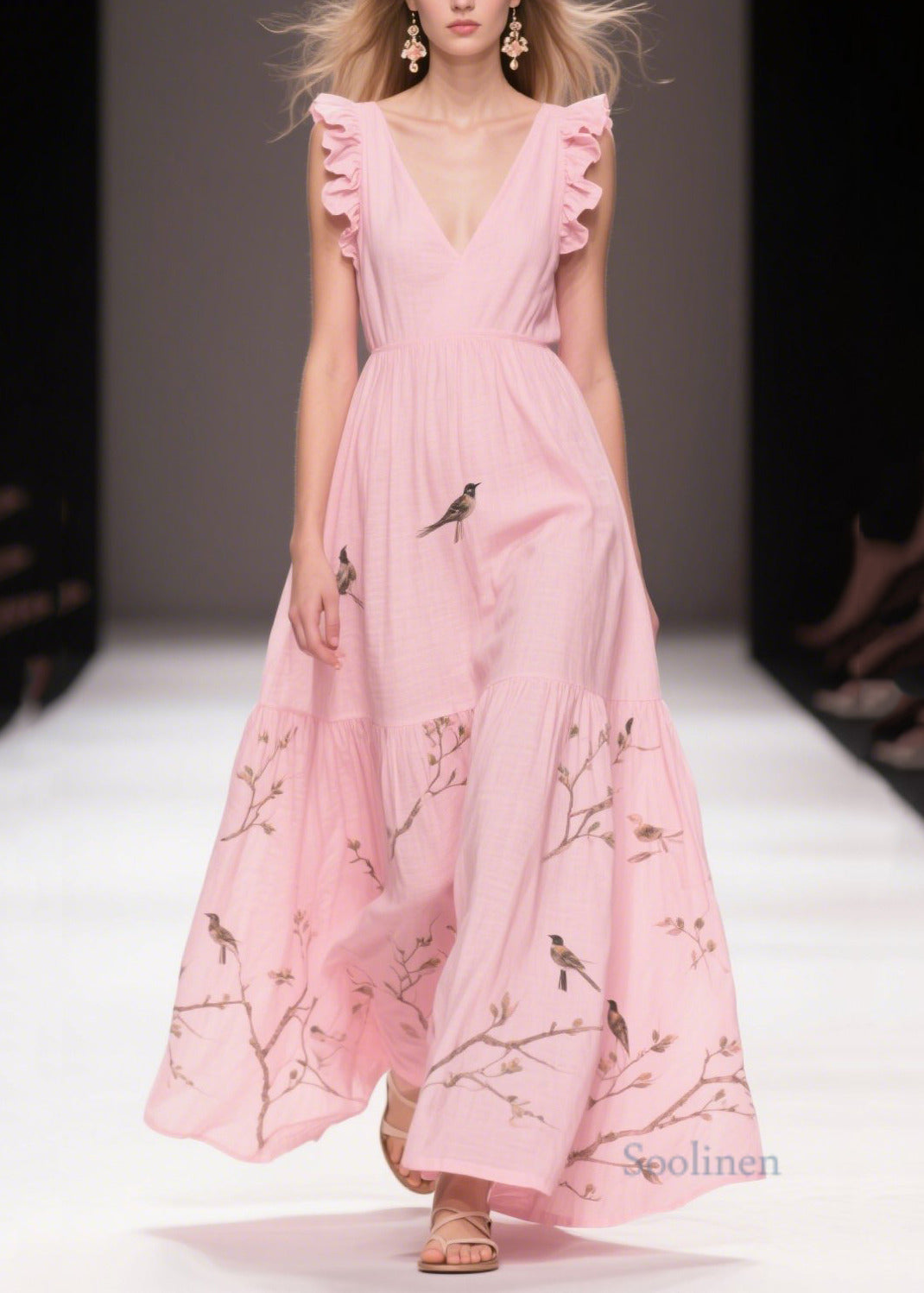 Elegant Pink Print Cotton Holiday Dress Butterfly Sleeve