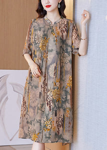 Elegant Pink Print False Two Pieces Silk Dress Half Sleeve