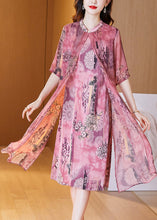 Load image into Gallery viewer, Elegant Pink Print False Two Pieces Silk Dress Half Sleeve