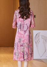 Load image into Gallery viewer, Elegant Pink Print False Two Pieces Silk Dress Half Sleeve