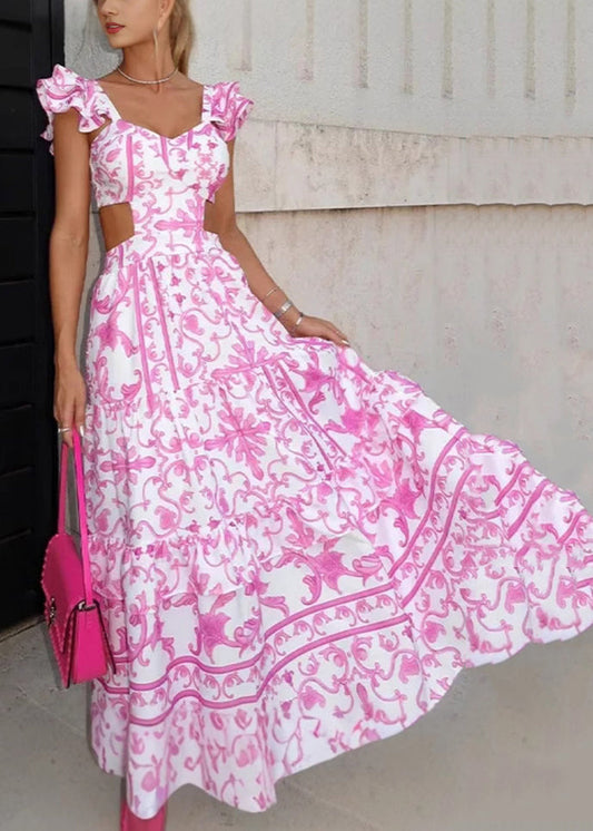 Elegant Pink Print Hollow Out Cotton Long Dresses Summer