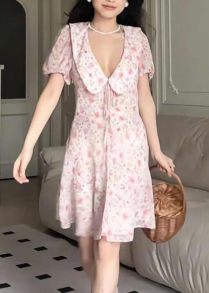 Elegant Pink Print Lace Up Cotton Mid Dress Summer