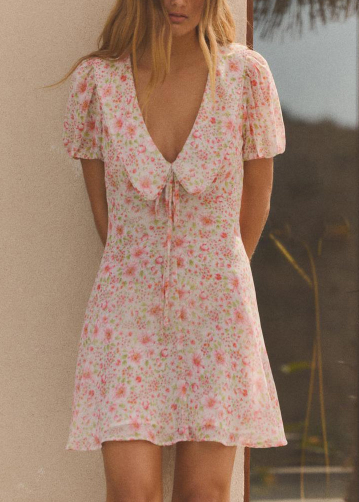 Elegant Pink Print Lace Up Cotton Mid Dress Summer