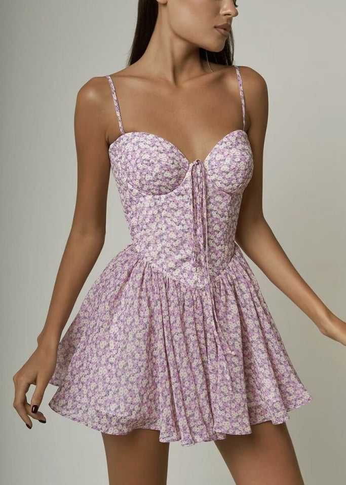 Elegant Pink Print Lace Up Cotton Spaghetti Strap Dress Sleeveles