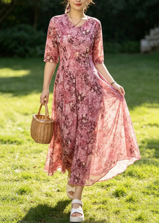 Elegant Pink Print Slim Silk Maxi Dresses Short Sleeve
