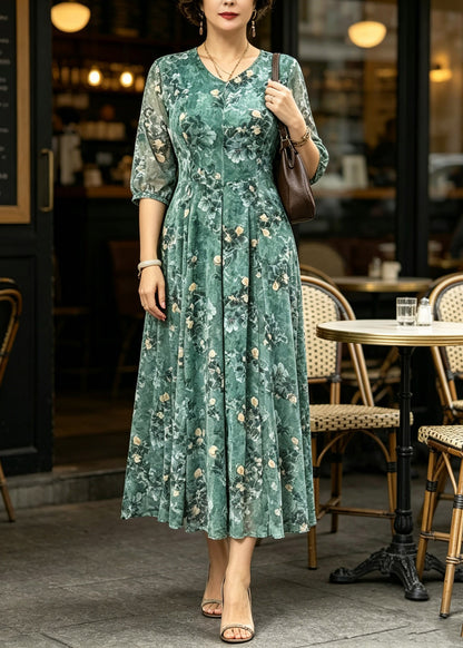 Elegant Pink Print Slim Silk Maxi Dresses Short Sleeve