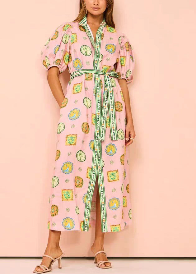 Elegant Pink Print Tie Waist Cotton Blouses Dresses Half Sleeve