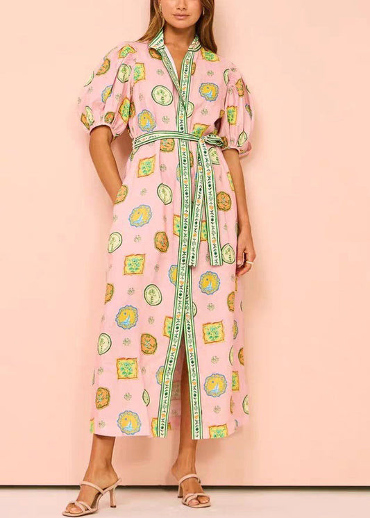 Elegant Pink Print Tie Waist Cotton Blouses Dresses Half Sleeve