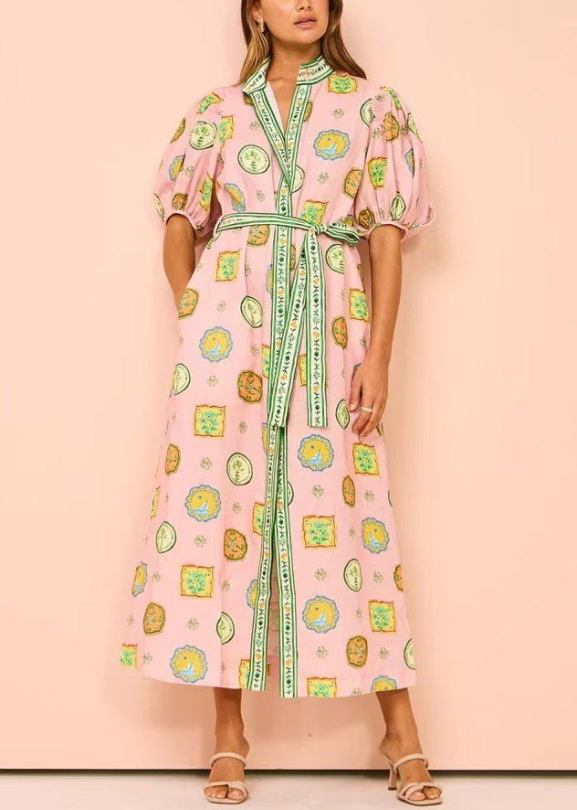 Elegant Pink Print Tie Waist Cotton Blouses Dresses Half Sleeve