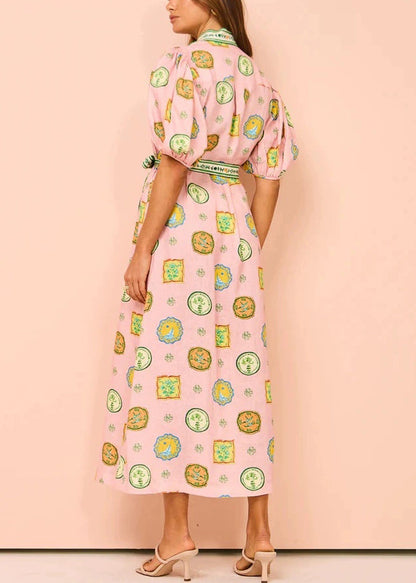 Elegant Pink Print Tie Waist Cotton Blouses Dresses Half Sleeve