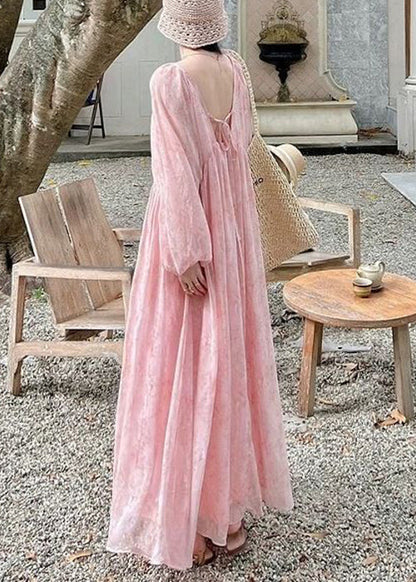 Elegant Pink Print Wrinkled Lace Up Chiffon Long Dress Fall