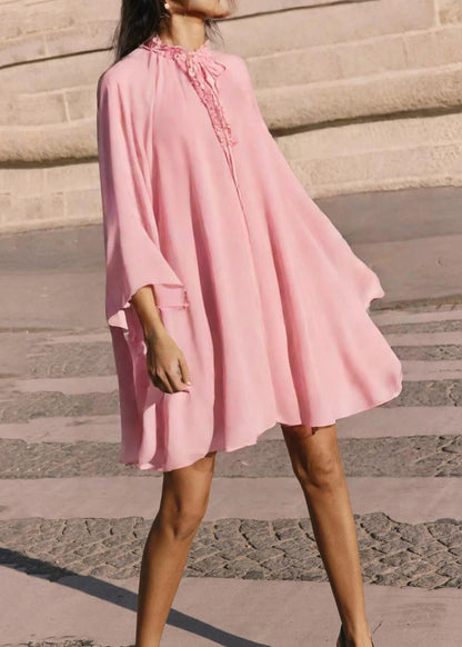 Elegant Pink Ruffled Lace Up Chiffon Mid Dress Flare Sleeve