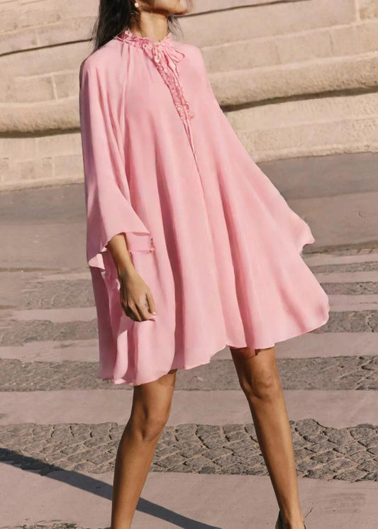 Elegant Pink Ruffled Lace Up Chiffon Mid Dress Flare Sleeve