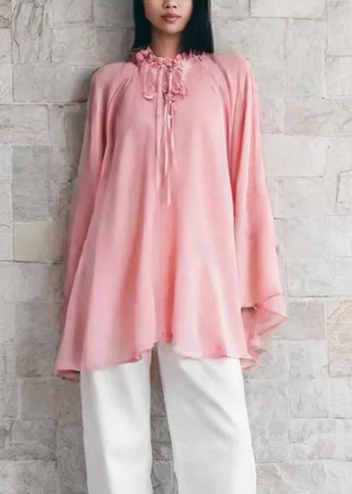 Elegant Pink Ruffled Lace Up Chiffon Mid Dress Flare Sleeve