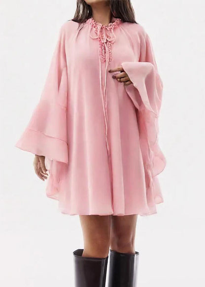 Elegant Pink Ruffled Lace Up Chiffon Mid Dress Flare Sleeve