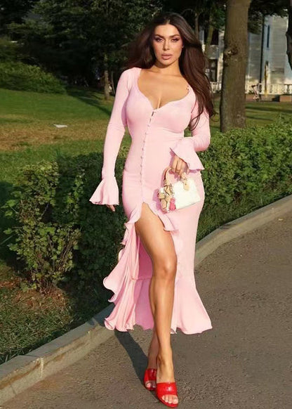 Elegant Pink Ruffled Side Open Cotton Dress Flare Sleeve