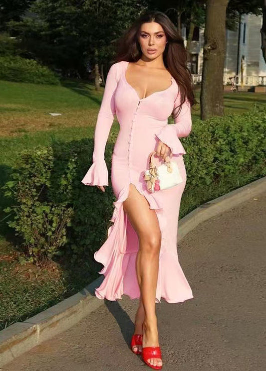 Elegant Pink Ruffled Side Open Cotton Dress Flare Sleeve