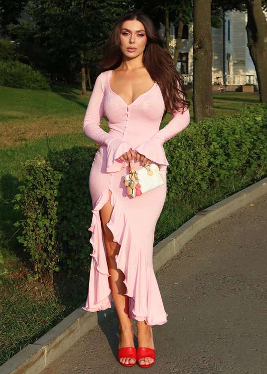 Elegant Pink Ruffled Side Open Cotton Dress Flare Sleeve