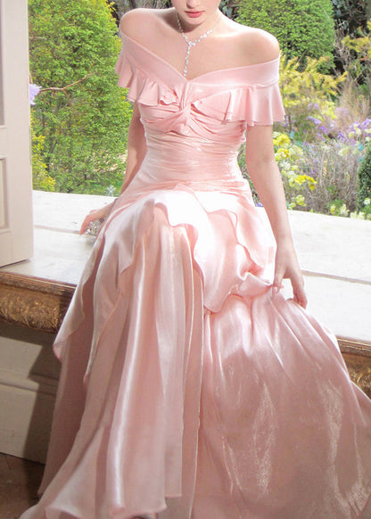 Elegant Pink Slash Neck Cinched Asymmetrical Ruffled Long Dresses Short Sleeve