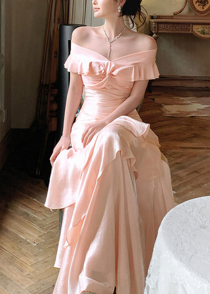 Elegant Pink Slash Neck Cinched Asymmetrical Ruffled Long Dresses Short Sleeve