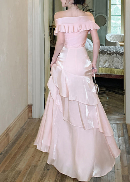 Elegant Pink Slash Neck Cinched Asymmetrical Ruffled Long Dresses Short Sleeve