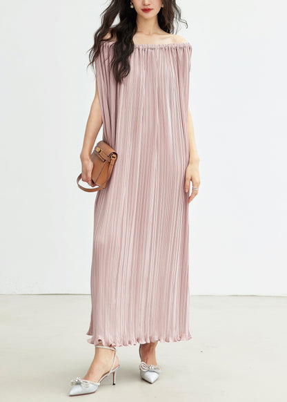 Elegant Pink Slash Neck Wrinkled Cotton Long Dresses Summer