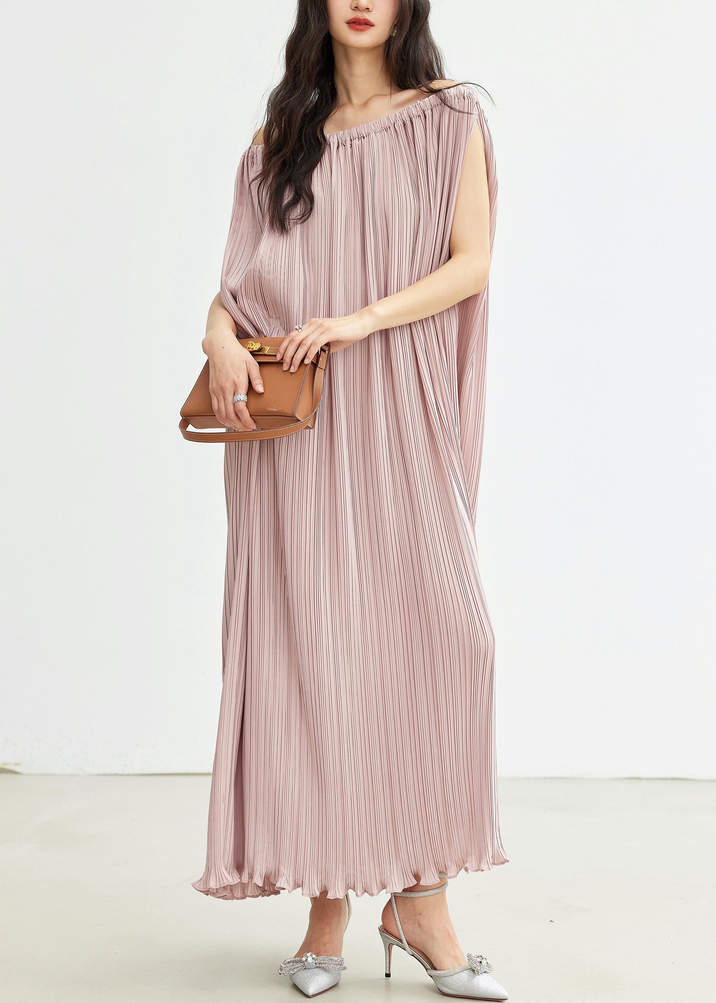 Elegant Pink Slash Neck Wrinkled Cotton Long Dresses Summer