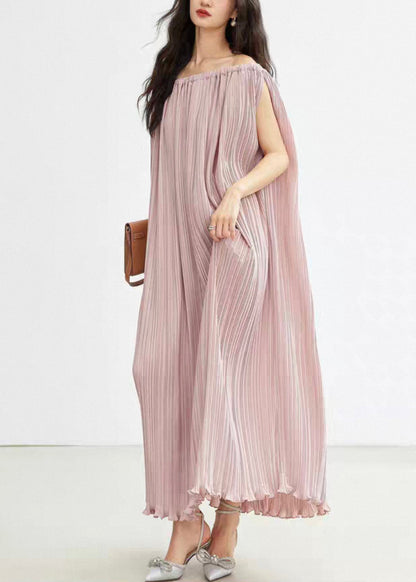 Elegant Pink Slash Neck Wrinkled Cotton Long Dresses Summer