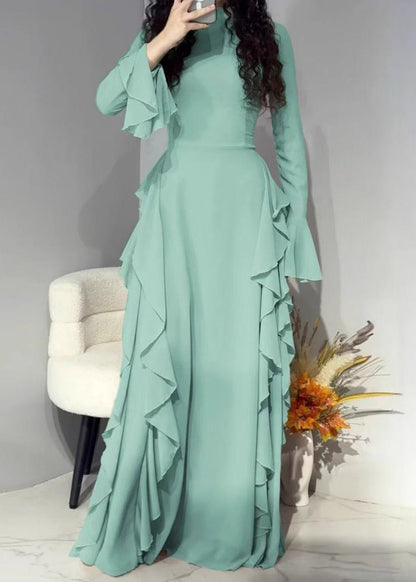 Elegant Pink Solid High Waist Chiffon Maxi Dresses Flare Sleeve