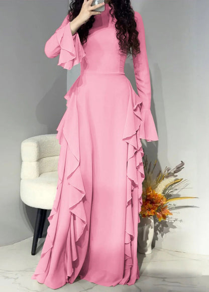 Elegant Pink Solid High Waist Chiffon Maxi Dresses Flare Sleeve