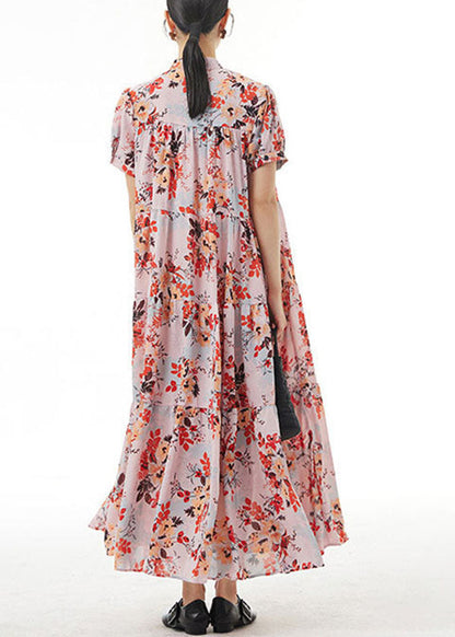 Elegant Pink Stand Collar Wrinkled Print Patchwork Chiffon Dress Summer