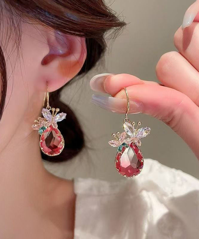 Elegant Pink Sterling Silver Alloy Crystal Butterfly Water Droplet Drop Earrings