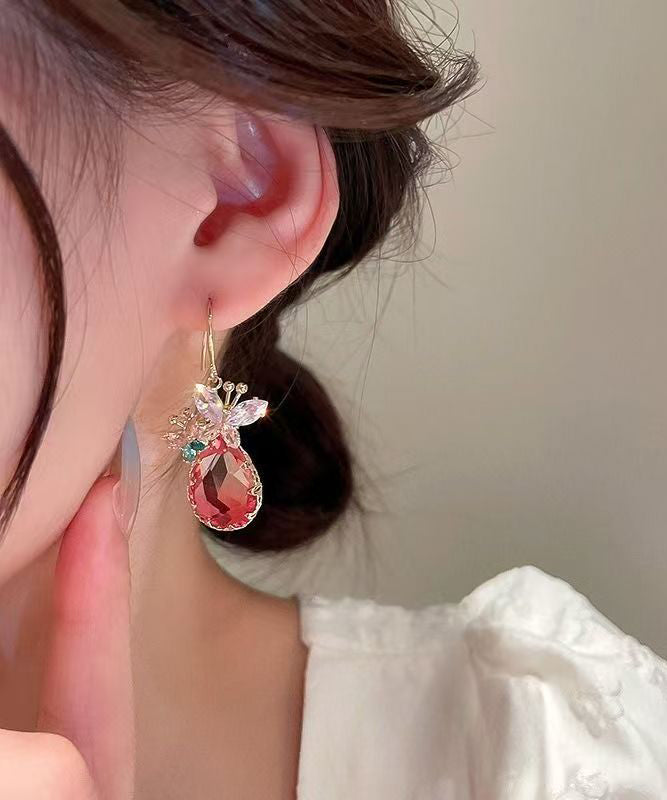 Elegant Pink Sterling Silver Alloy Crystal Butterfly Water Droplet Drop Earrings