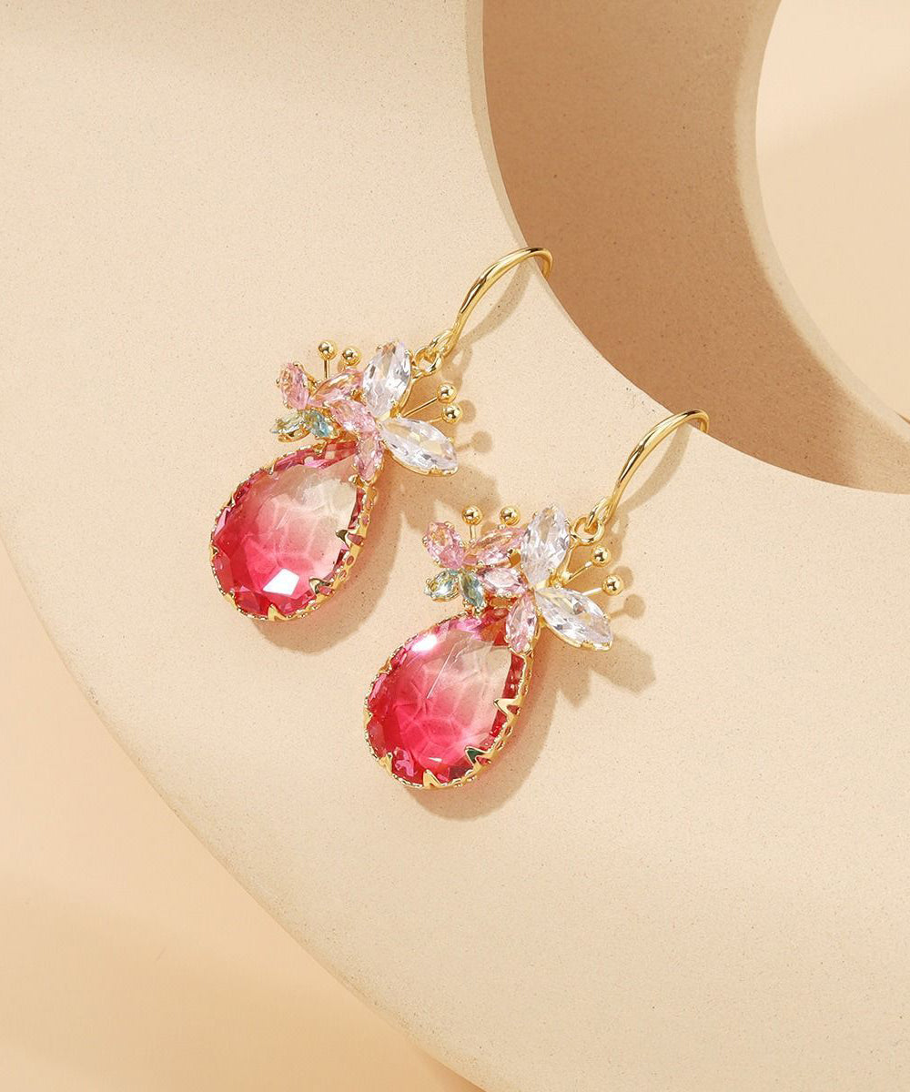 Elegant Pink Sterling Silver Alloy Crystal Butterfly Water Droplet Drop Earrings