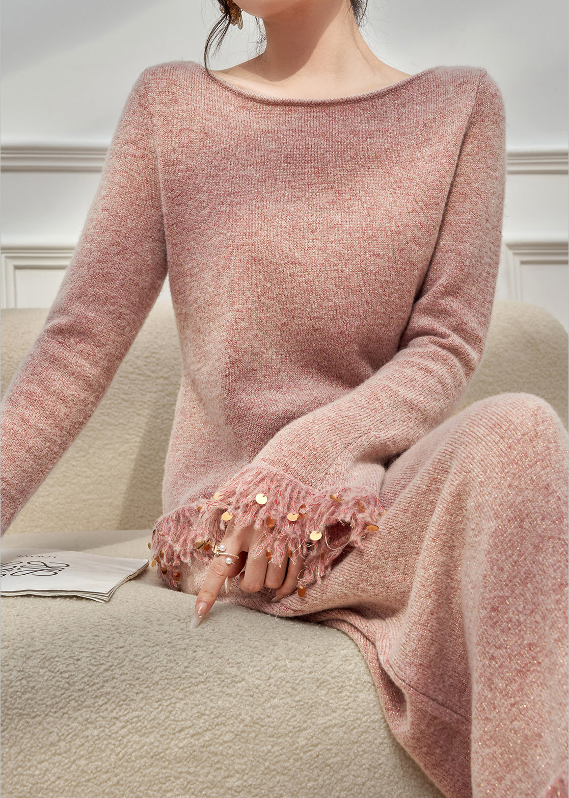 Elegant Pink Tasseled Sequins Knit Two Pieces Set Flare Sleeve