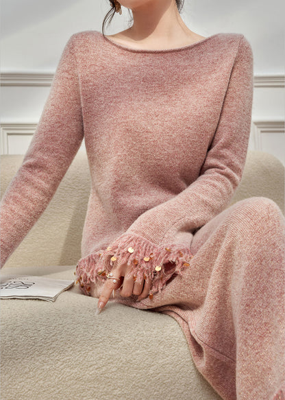 Elegant Pink Tasseled Sequins Knit Two Pieces Set Flare Sleeve