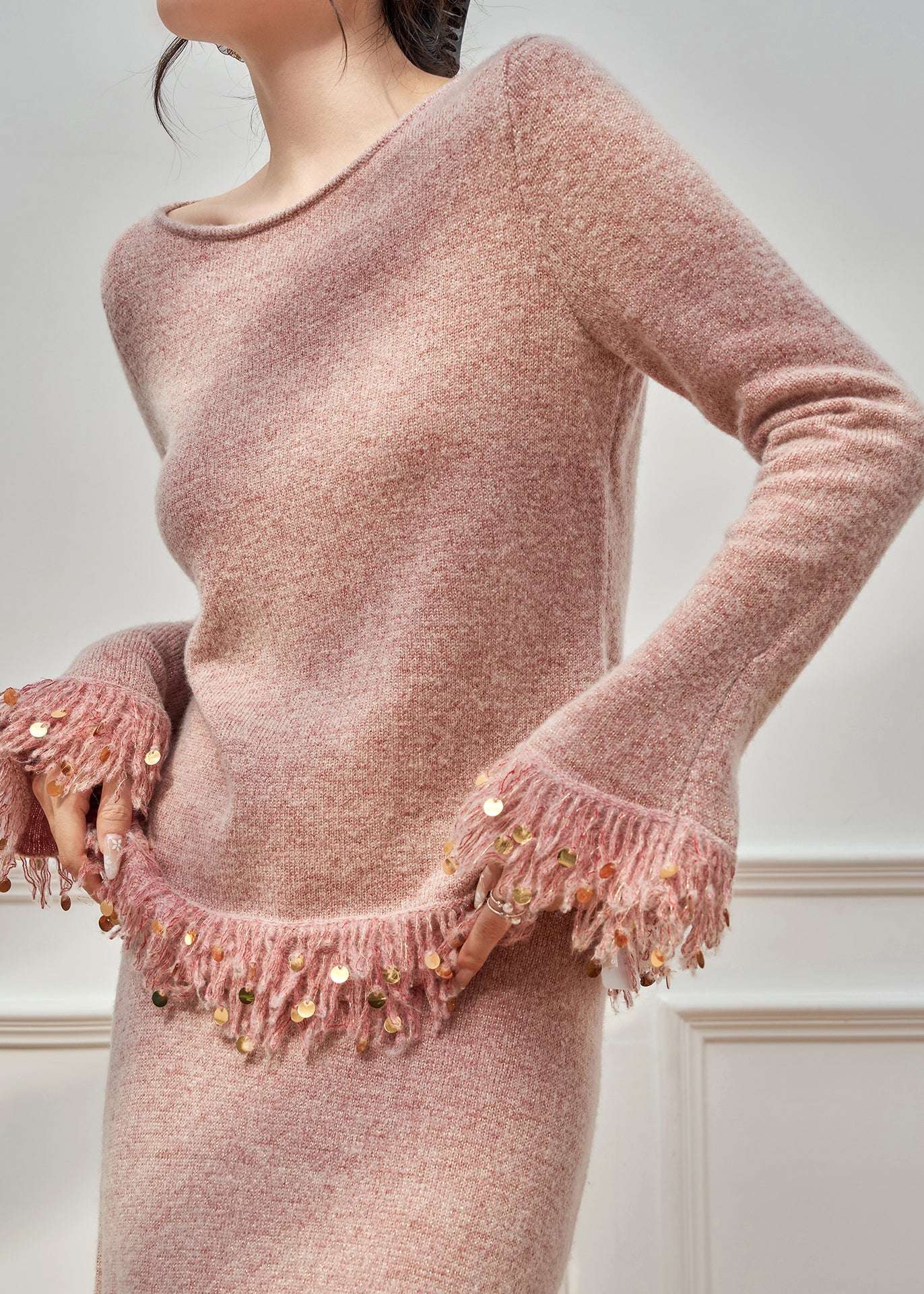 Elegant Pink Tasseled Sequins Knit Two Pieces Set Flare Sleeve