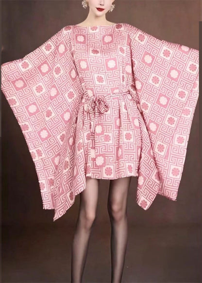 Elegant Pink Tie Waist Mid Dresses Batwing Sleeve