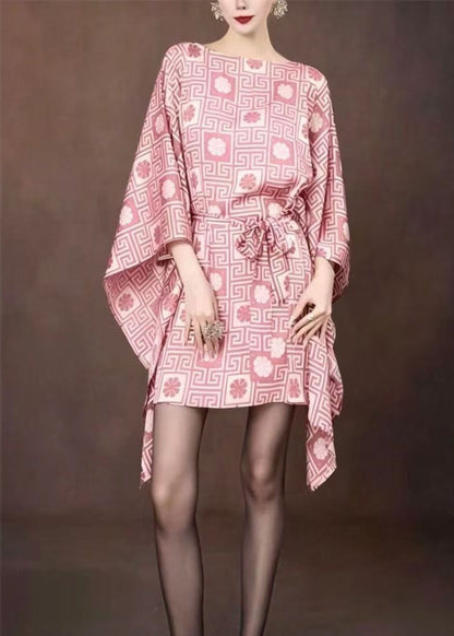 Elegant Pink Tie Waist Mid Dresses Batwing Sleeve