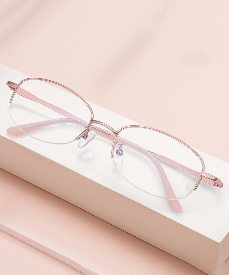 Elegant Pink Titanium Alloy Blue Light Blocking Half Rim Reading Glasses