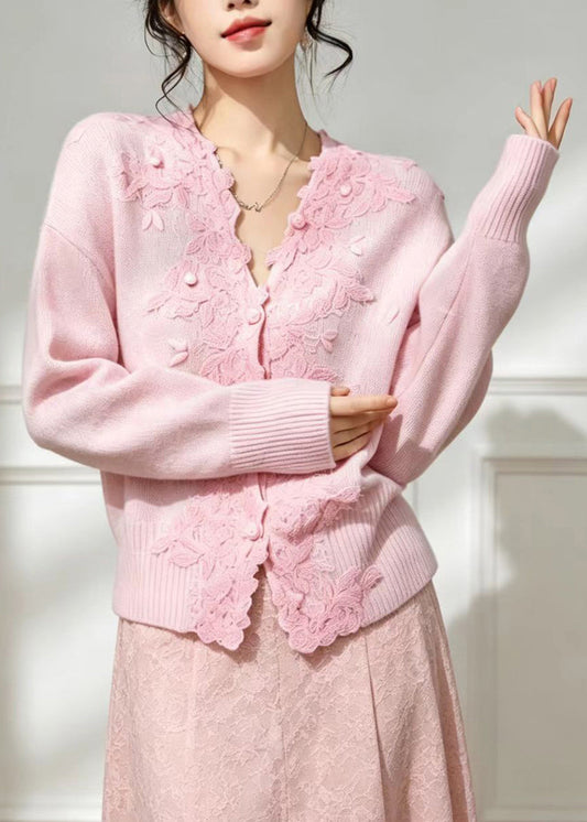 Elegant Pink V Neck Embroidered Knit Cardigan Fall