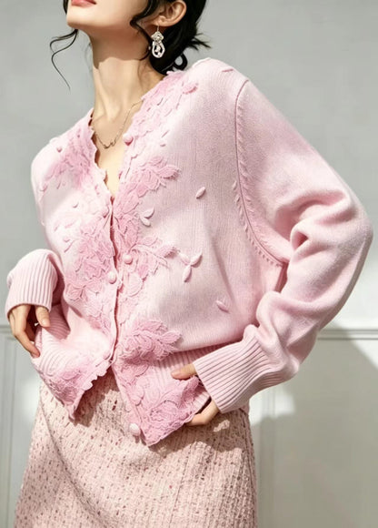 Elegant Pink V Neck Embroidered Knit Cardigan Fall