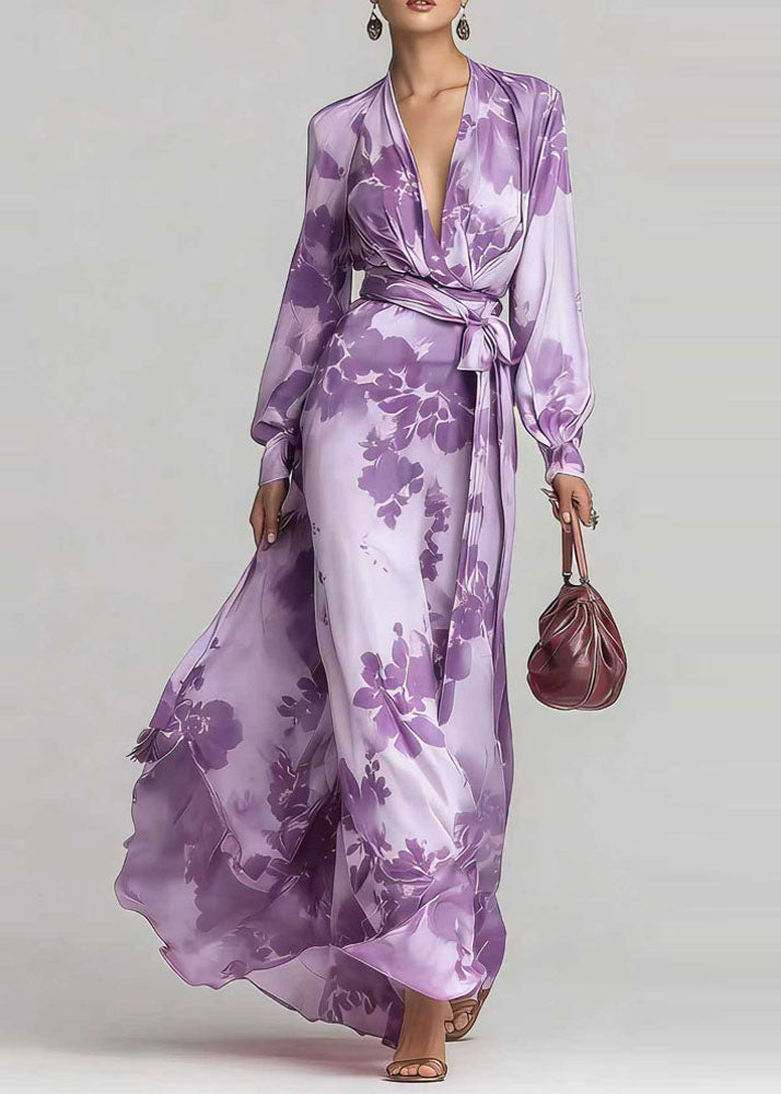 Elegant Pink V Neck Print Lace Up Chiffon Long Dress Fall