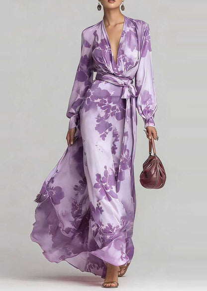 Elegant Pink V Neck Print Lace Up Chiffon Long Dress Fall