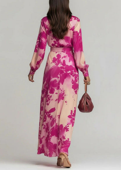 Elegant Pink V Neck Print Lace Up Chiffon Long Dress Fall