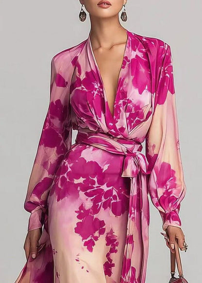 Elegant Pink V Neck Print Lace Up Chiffon Long Dress Fall