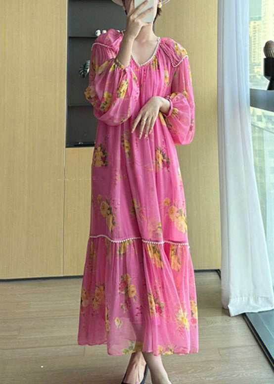 Elegant Pink V Neck Print Patchwork Chiffon Long Dresses Fall