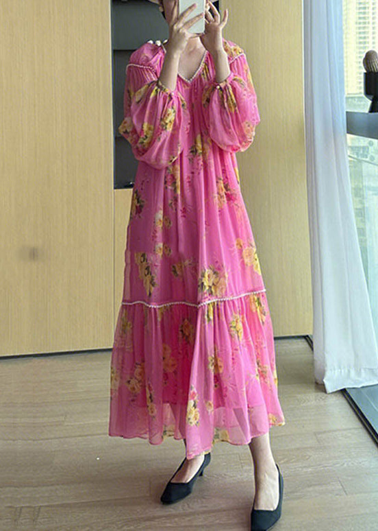 Elegant Pink V Neck Print Patchwork Chiffon Long Dresses Fall
