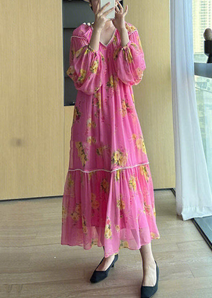 Elegant Pink V Neck Print Patchwork Chiffon Long Dresses Fall